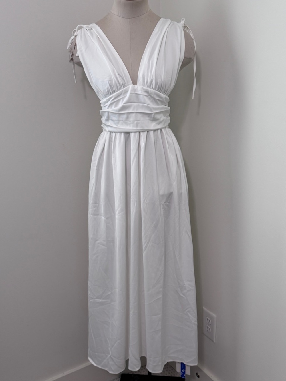 NEW Cider XS White Satin Plunging V-Neck Midi Maxi Dress ~ Formal Wedding Bride